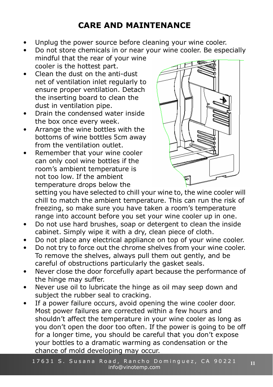 Care and maintenance | Vinotemp VT-6TED-WW User Manual | Page 11 / 16