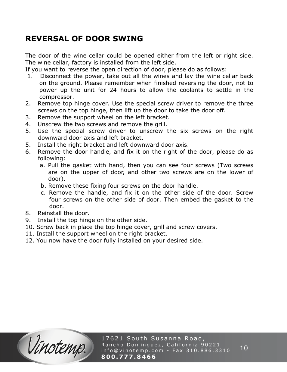 Reversal of door swing | Vinotemp VT-50SBW User Manual | Page 10 / 16