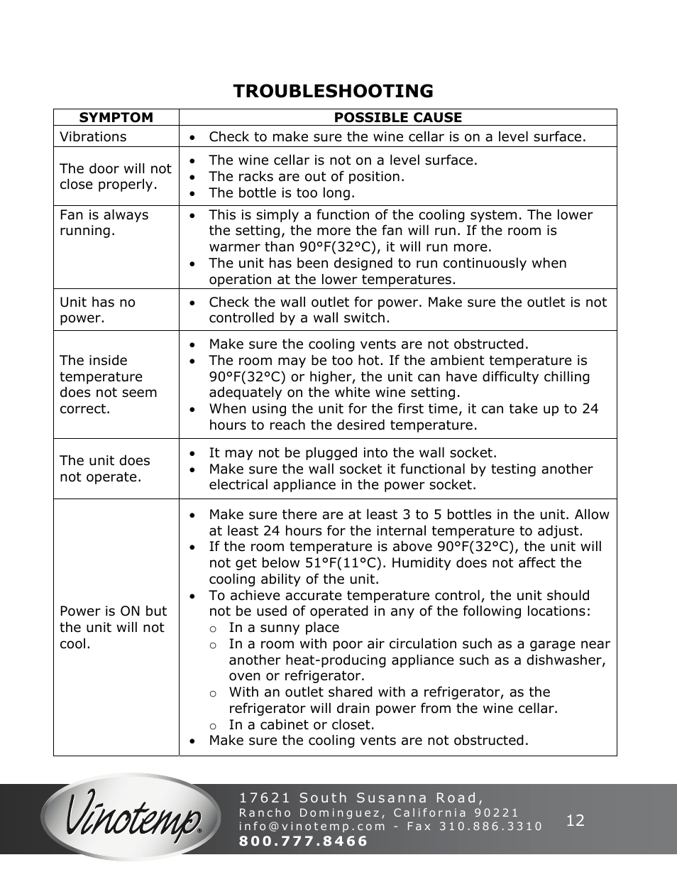 Troubleshooting | Vinotemp VT-50SBW User Manual | Page 12 / 16