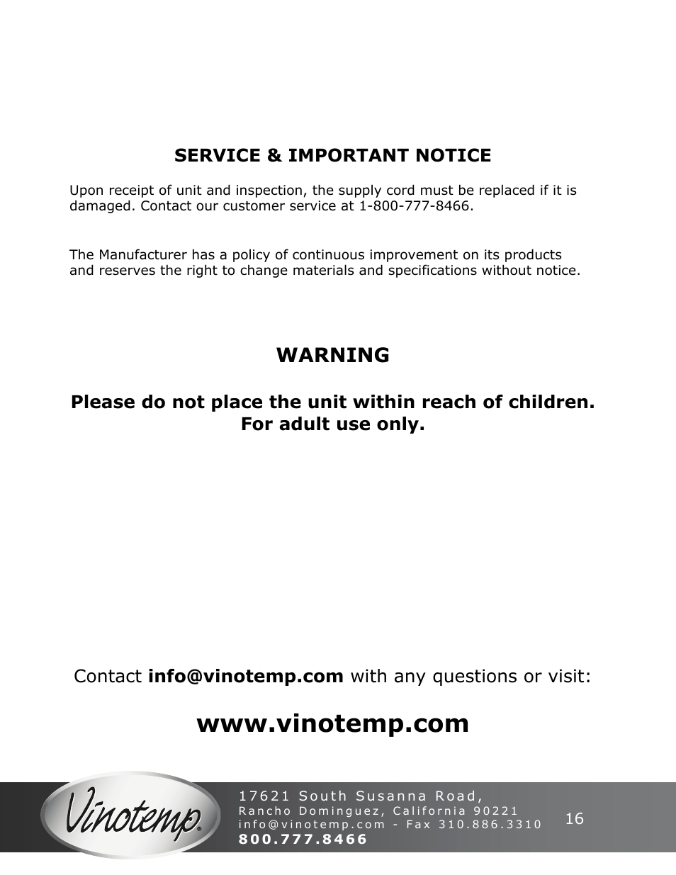 Service & important notice, Contact, Warning | Vinotemp VT-50SBW User Manual | Page 16 / 16