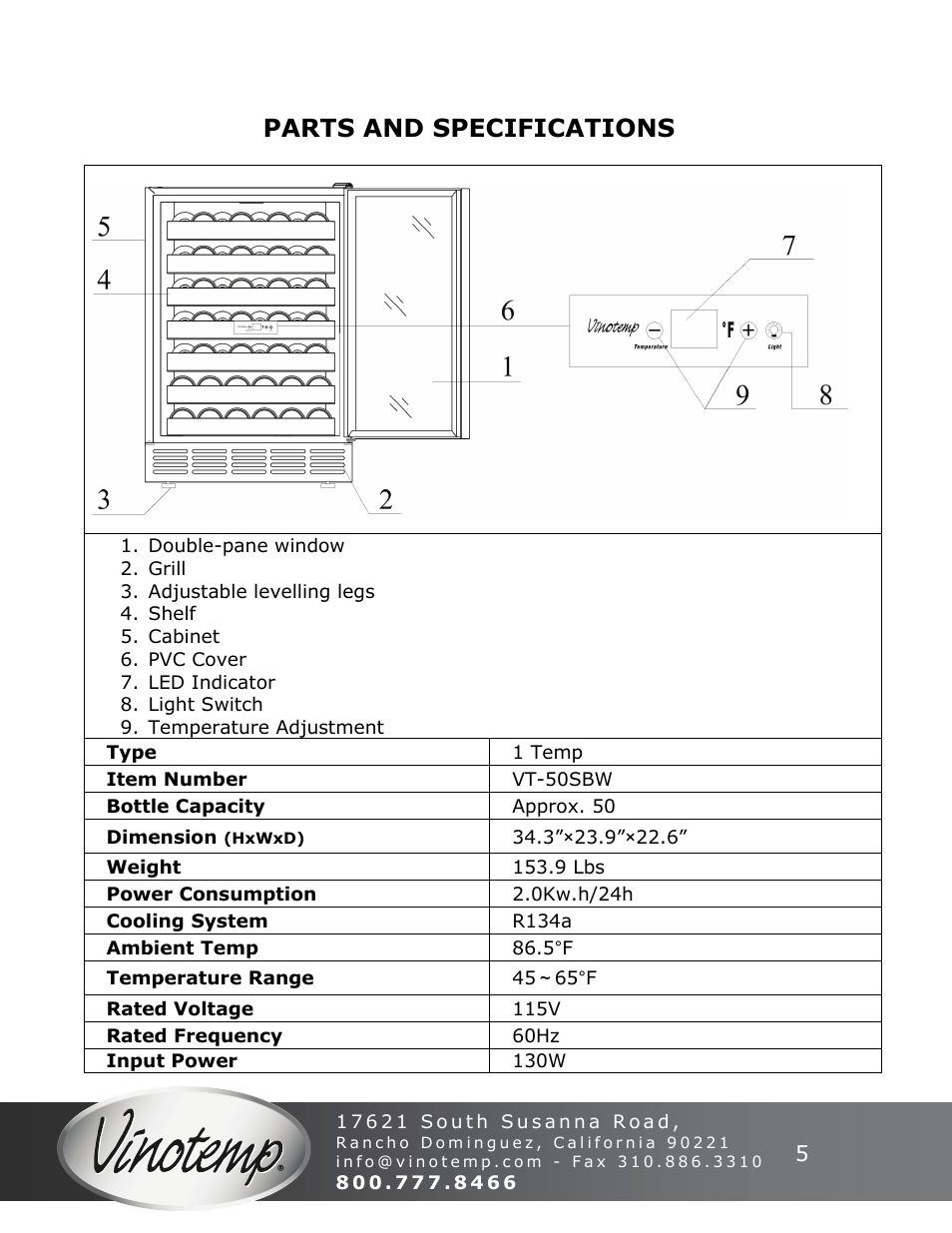 Parts and specifications | Vinotemp VT-50SBW User Manual | Page 5 / 16