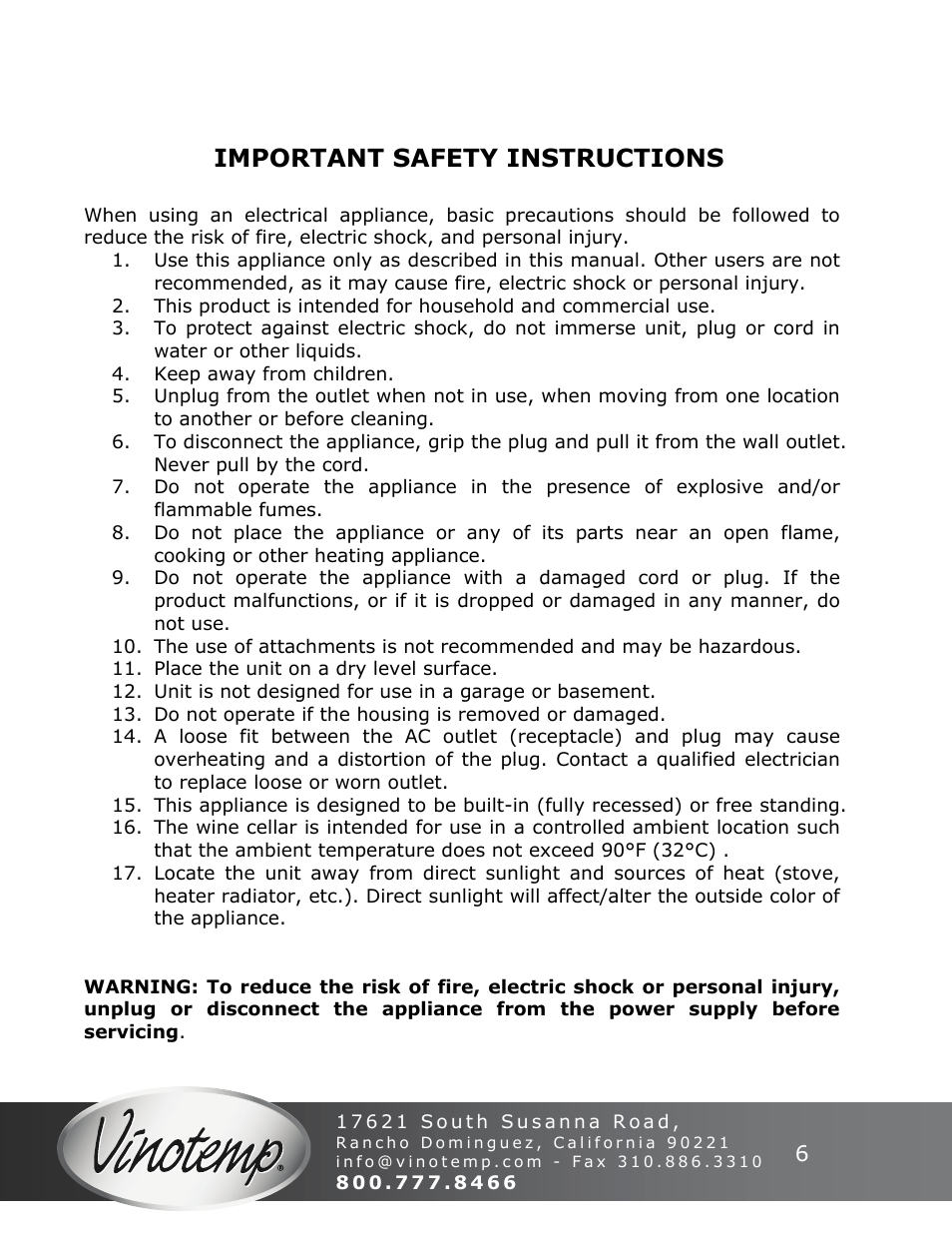 Important safety instructions | Vinotemp VT-50SBW User Manual | Page 6 / 16