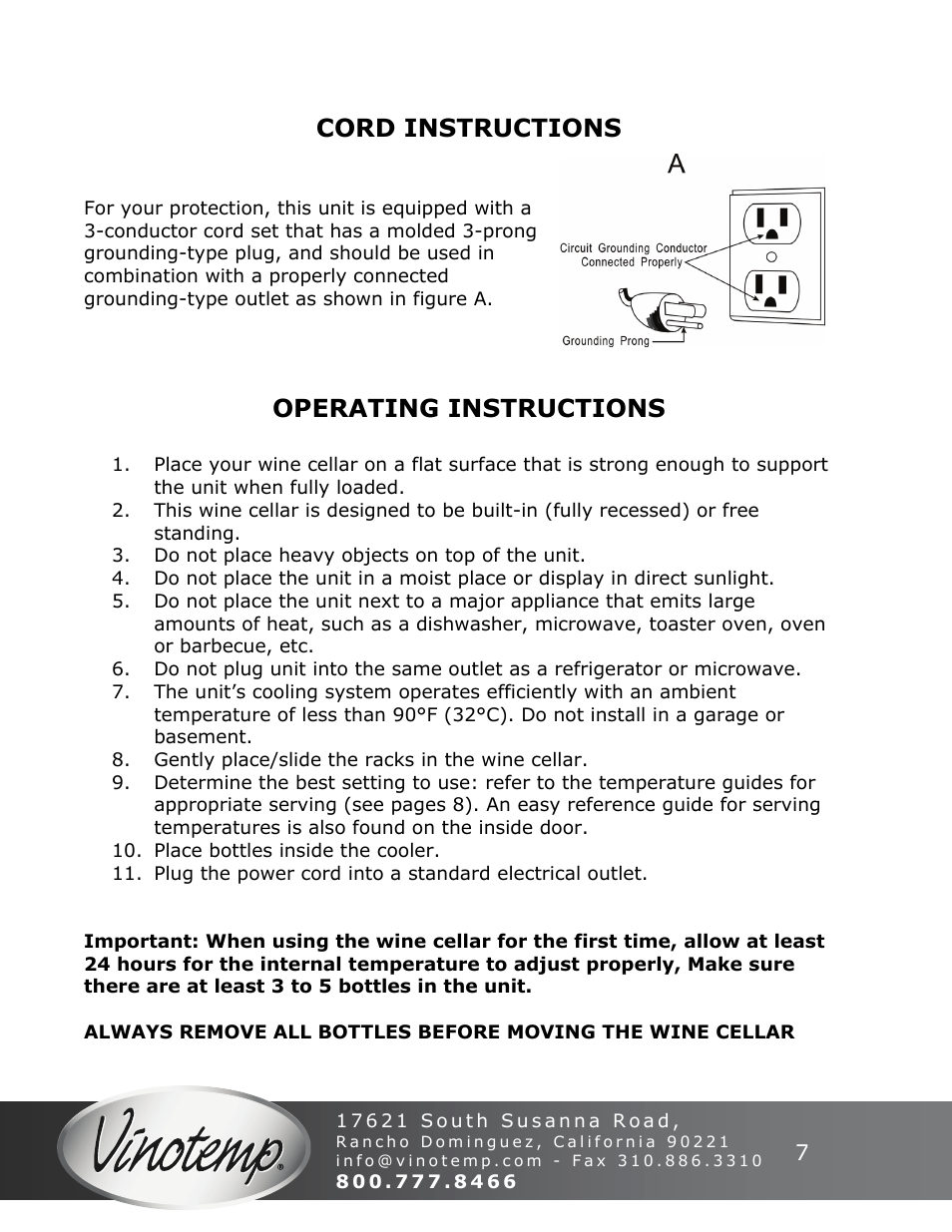 Cord instructions, Operating instructions | Vinotemp VT-50SBW User Manual | Page 7 / 16