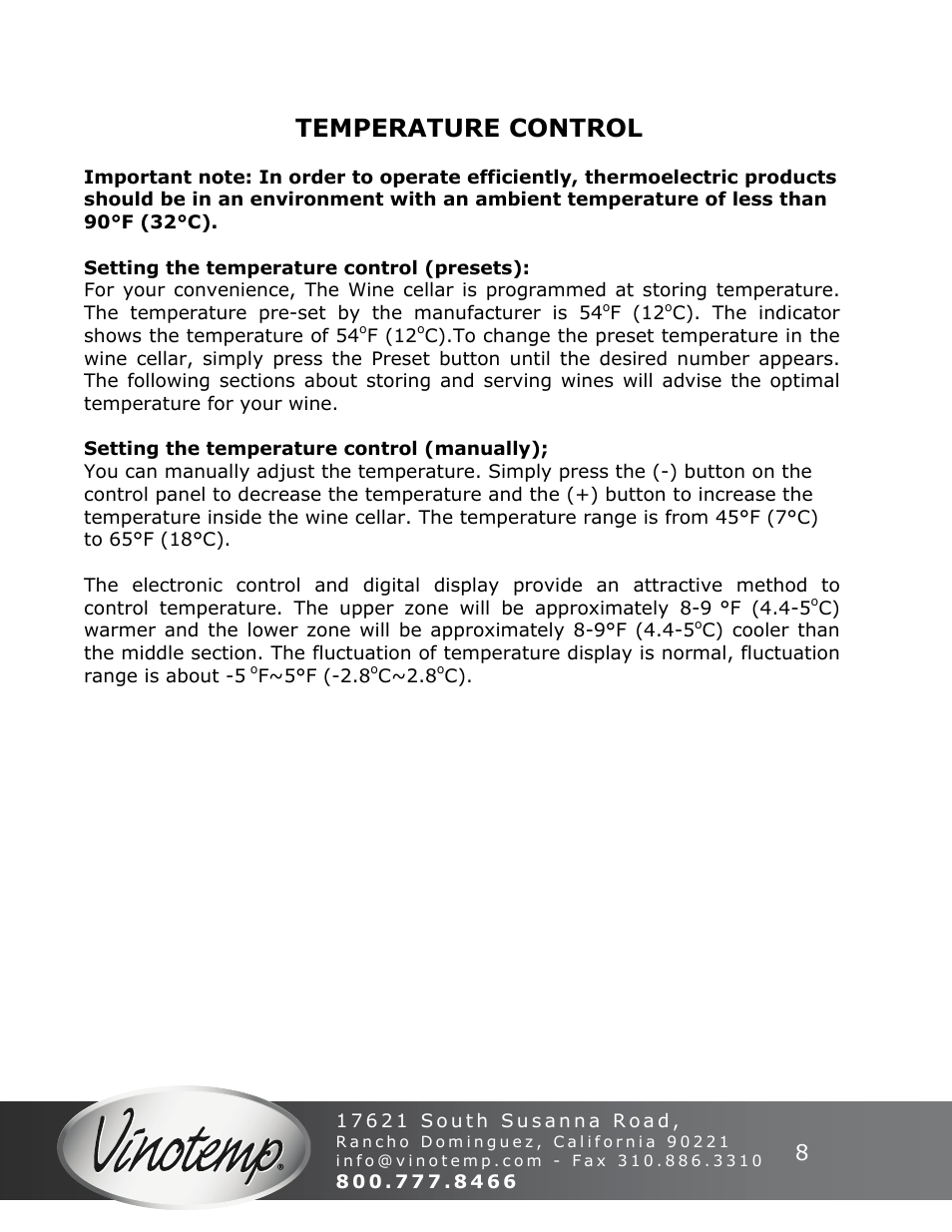 Temperature control | Vinotemp VT-50SBW User Manual | Page 8 / 16