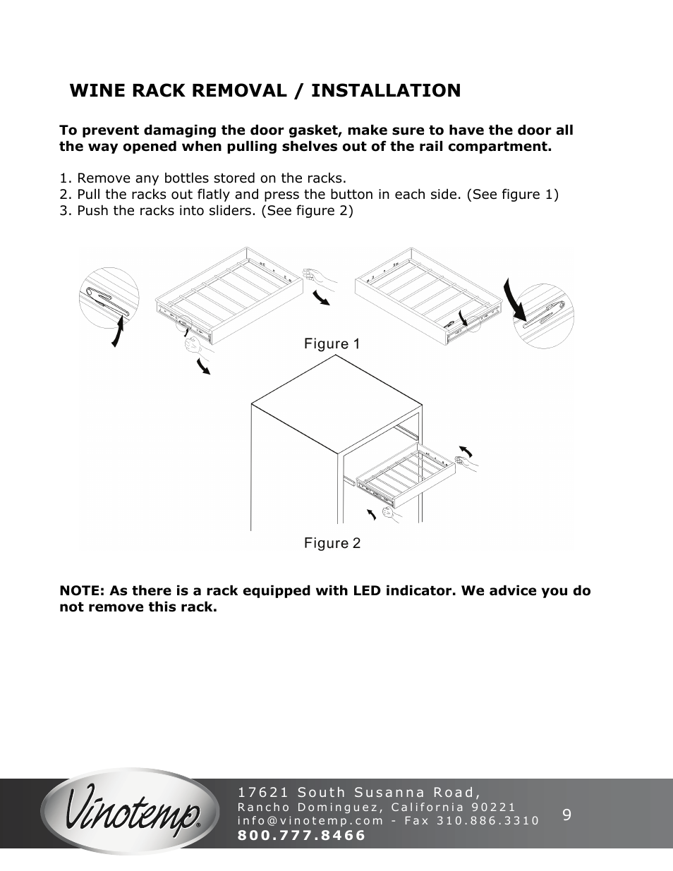 Wine rack removal / installation | Vinotemp VT-50SBW User Manual | Page 9 / 16