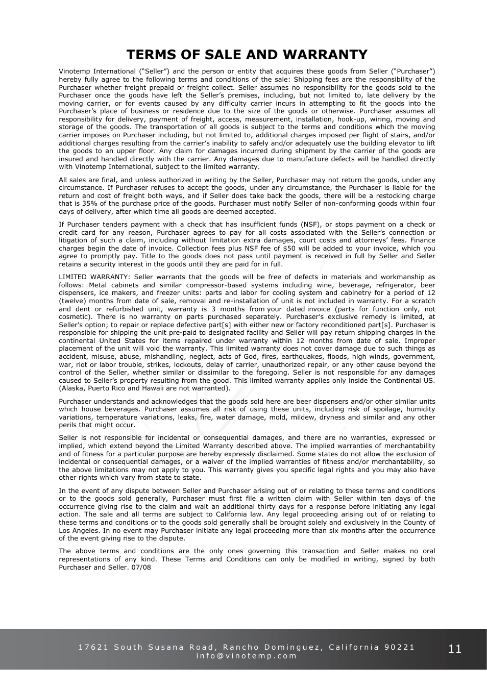 Terms of sale and warranty | Vinotemp VT-ODSBREF User Manual | Page 11 / 12