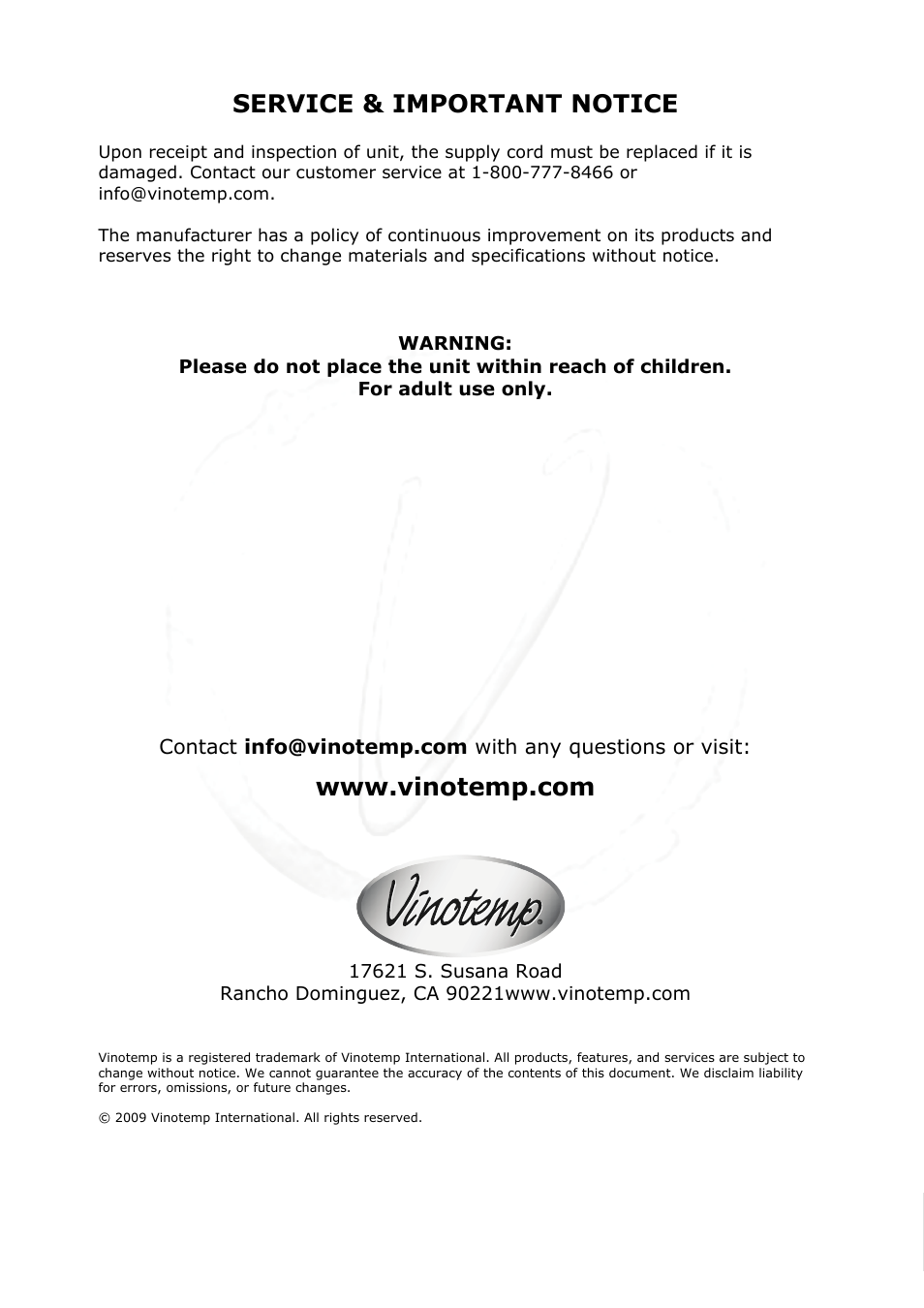 Service & important notice | Vinotemp VT-ODSBREF User Manual | Page 12 / 12