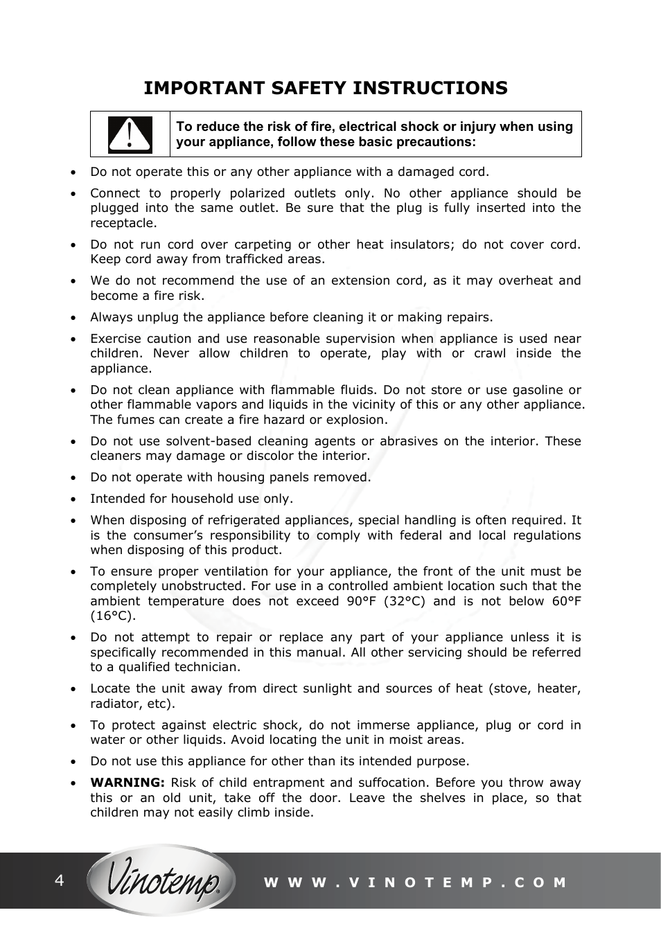 Important safety instructions | Vinotemp VT-ODSBREF User Manual | Page 4 / 12