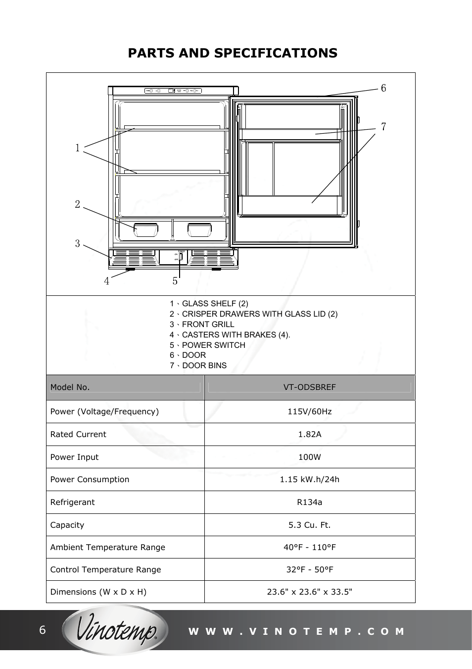 Parts and specifications | Vinotemp VT-ODSBREF User Manual | Page 6 / 12