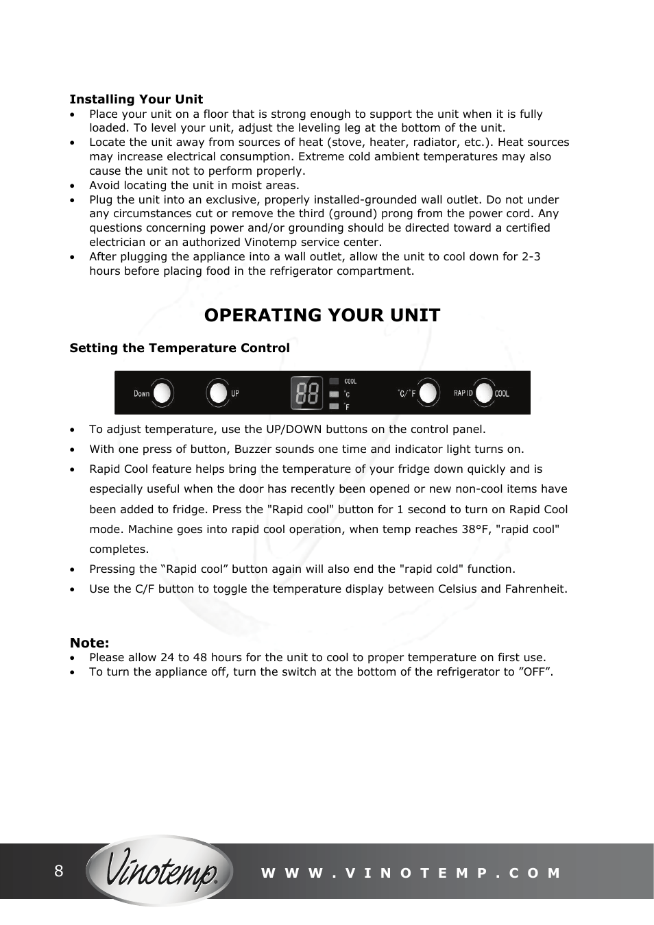Operating your unit | Vinotemp VT-ODSBREF User Manual | Page 8 / 12