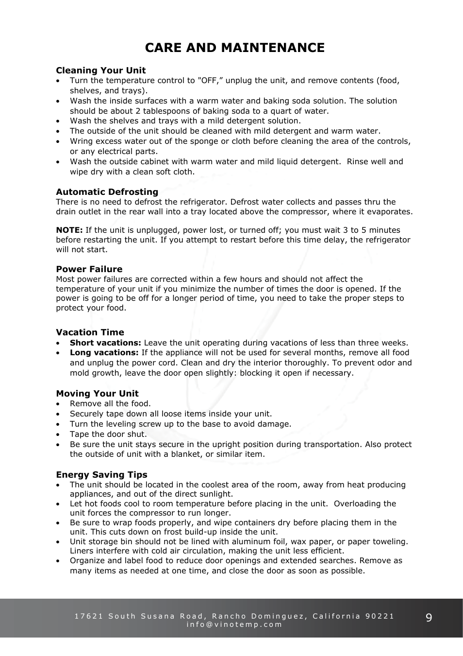 Care and maintenance | Vinotemp VT-ODSBREF User Manual | Page 9 / 12