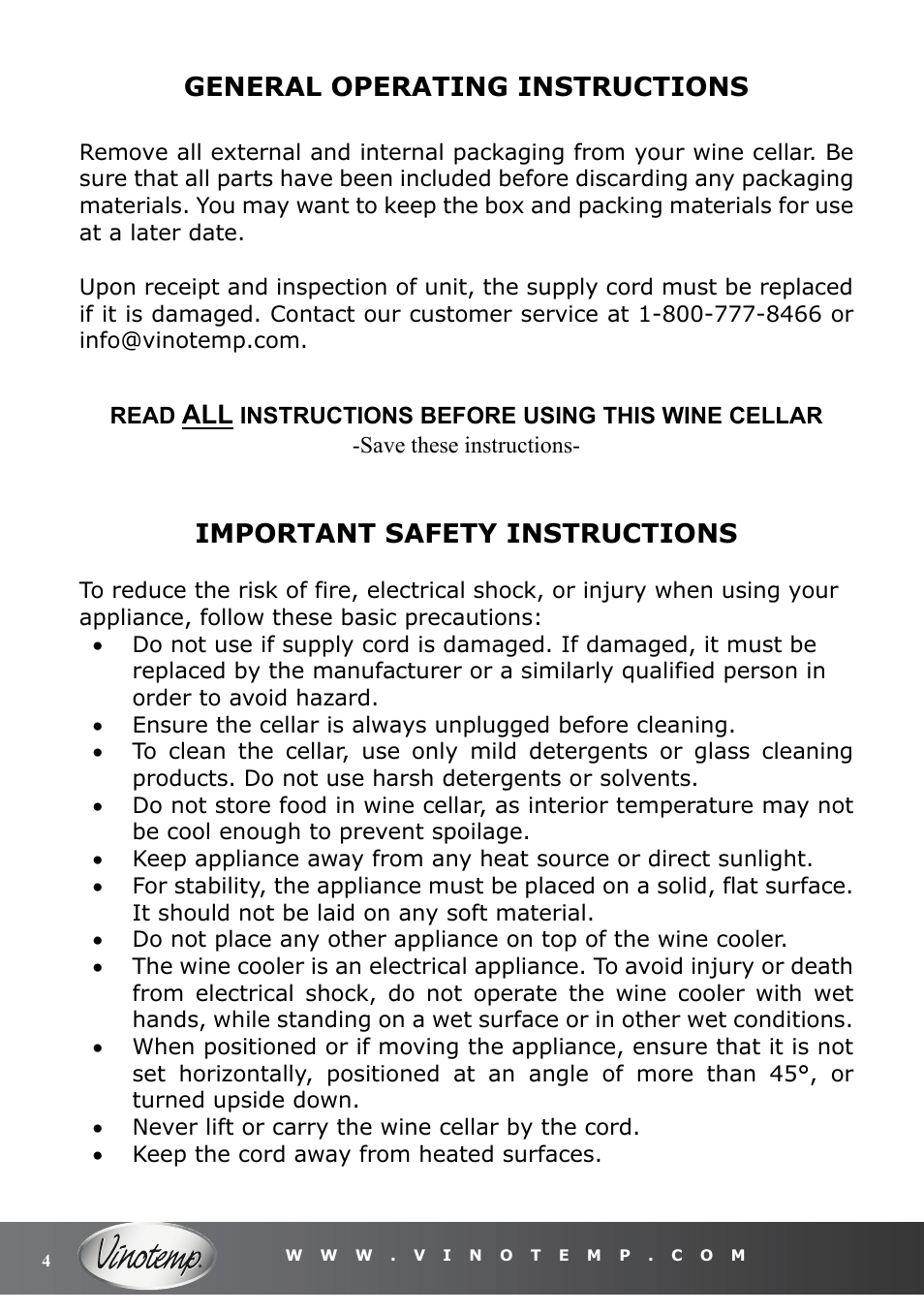 General operating instructions, Important safety instructions | Vinotemp VT-16TEDS User Manual | Page 4 / 12