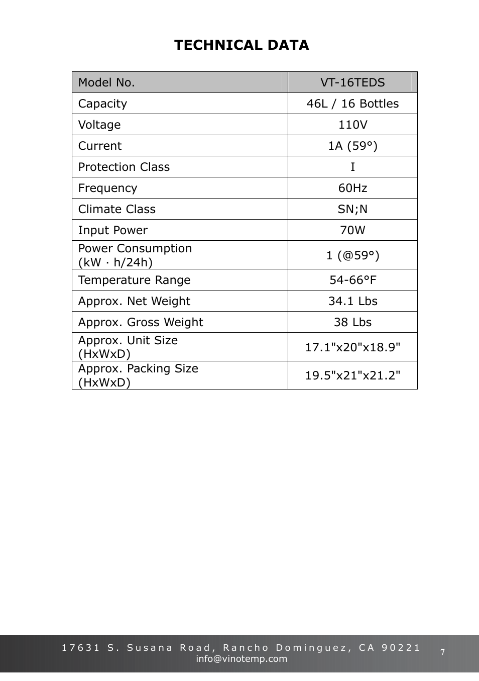 Technical data | Vinotemp VT-16TEDS User Manual | Page 7 / 12