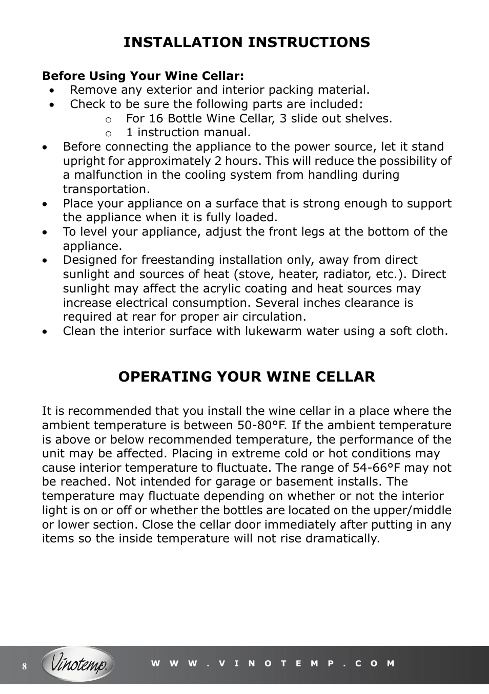 Installation instructions, Operating your wine cellar | Vinotemp VT-16TEDS User Manual | Page 8 / 12