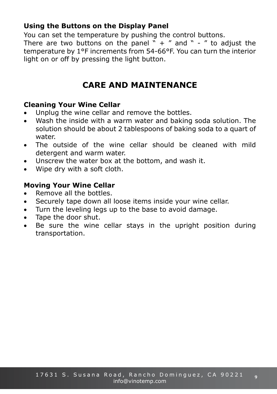 Care and maintenance | Vinotemp VT-16TEDS User Manual | Page 9 / 12