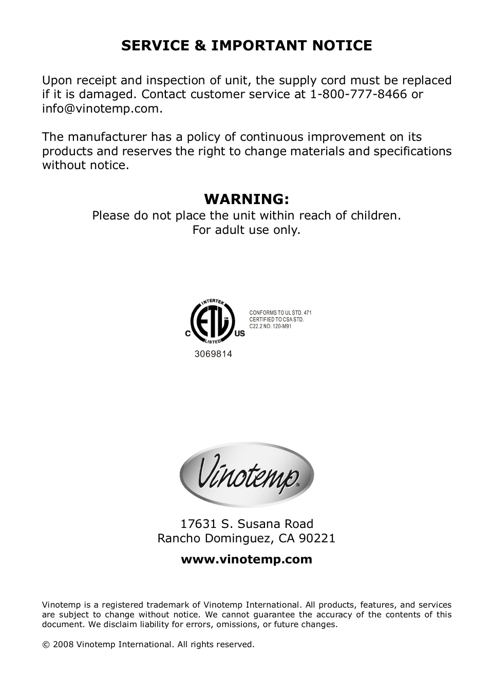 Service & important notice, Warning | Vinotemp VT-36 User Manual | Page 20 / 20