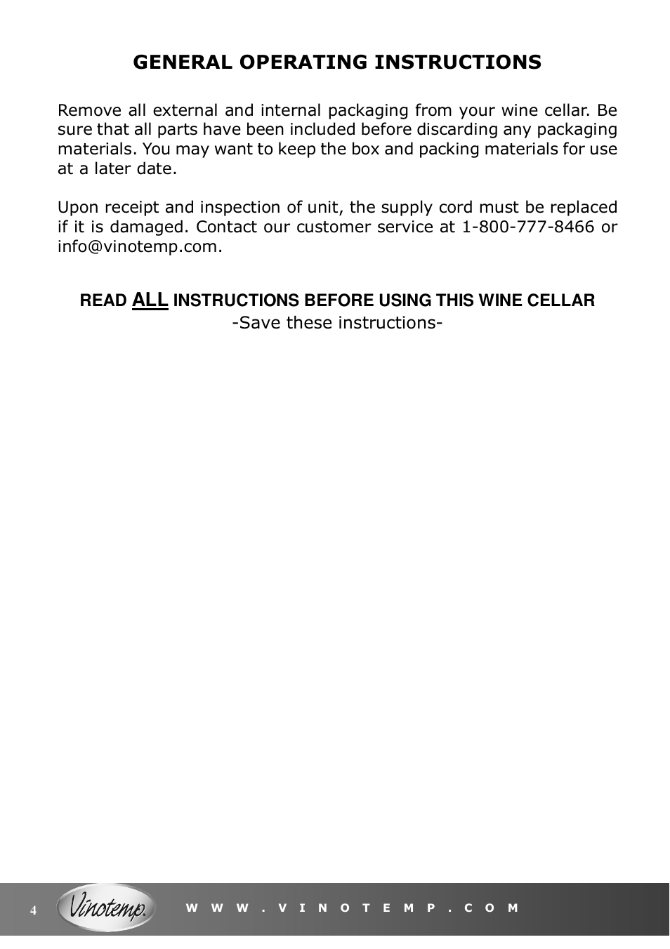 General operating instructions, Read | Vinotemp VT-36 User Manual | Page 4 / 20