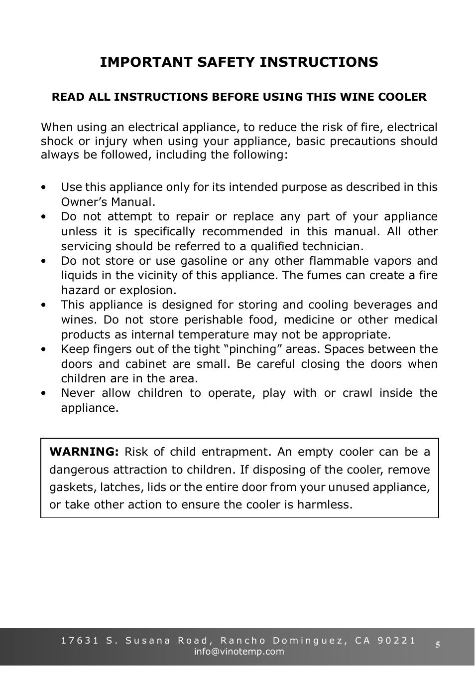 Important safety instructions | Vinotemp VT-36 User Manual | Page 5 / 20