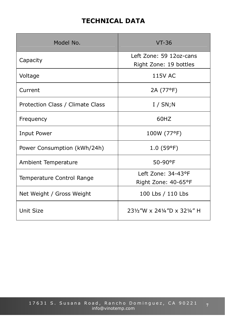 Technical data | Vinotemp VT-36 User Manual | Page 7 / 20