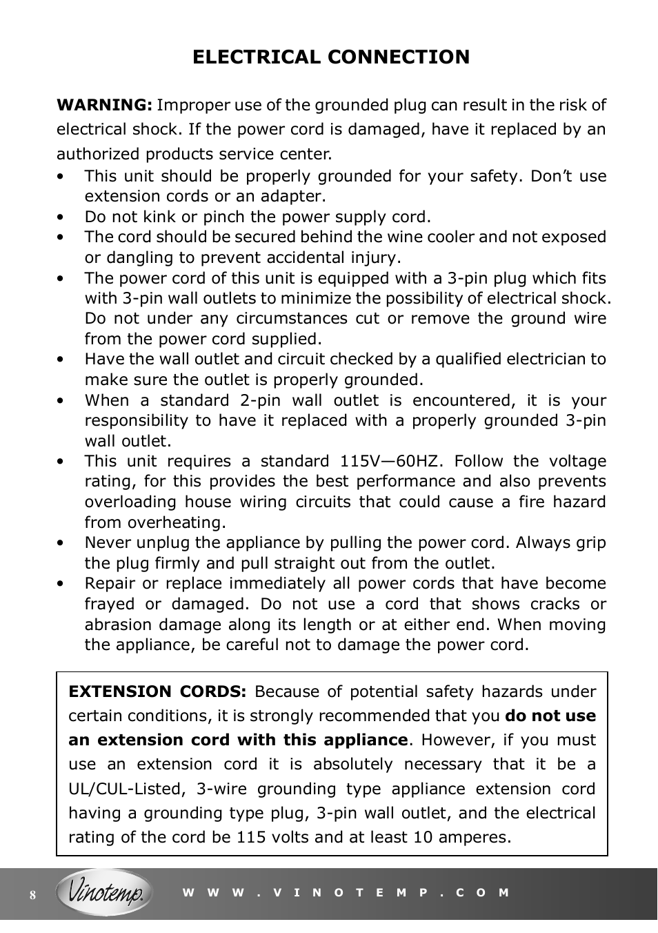 Electrical connection | Vinotemp VT-36 User Manual | Page 8 / 20