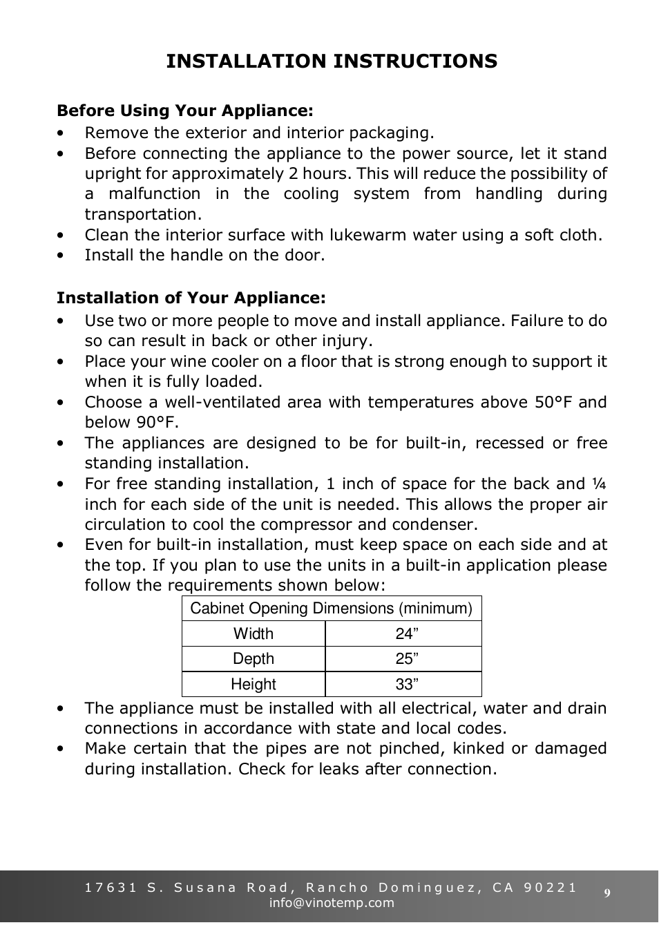 Installation instructions | Vinotemp VT-36 User Manual | Page 9 / 20