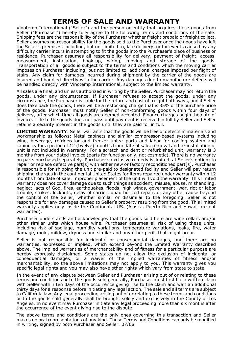 Terms of sale and warranty 11, Terms of sale and warranty | Vinotemp VT-15 TS User Manual | Page 11 / 12