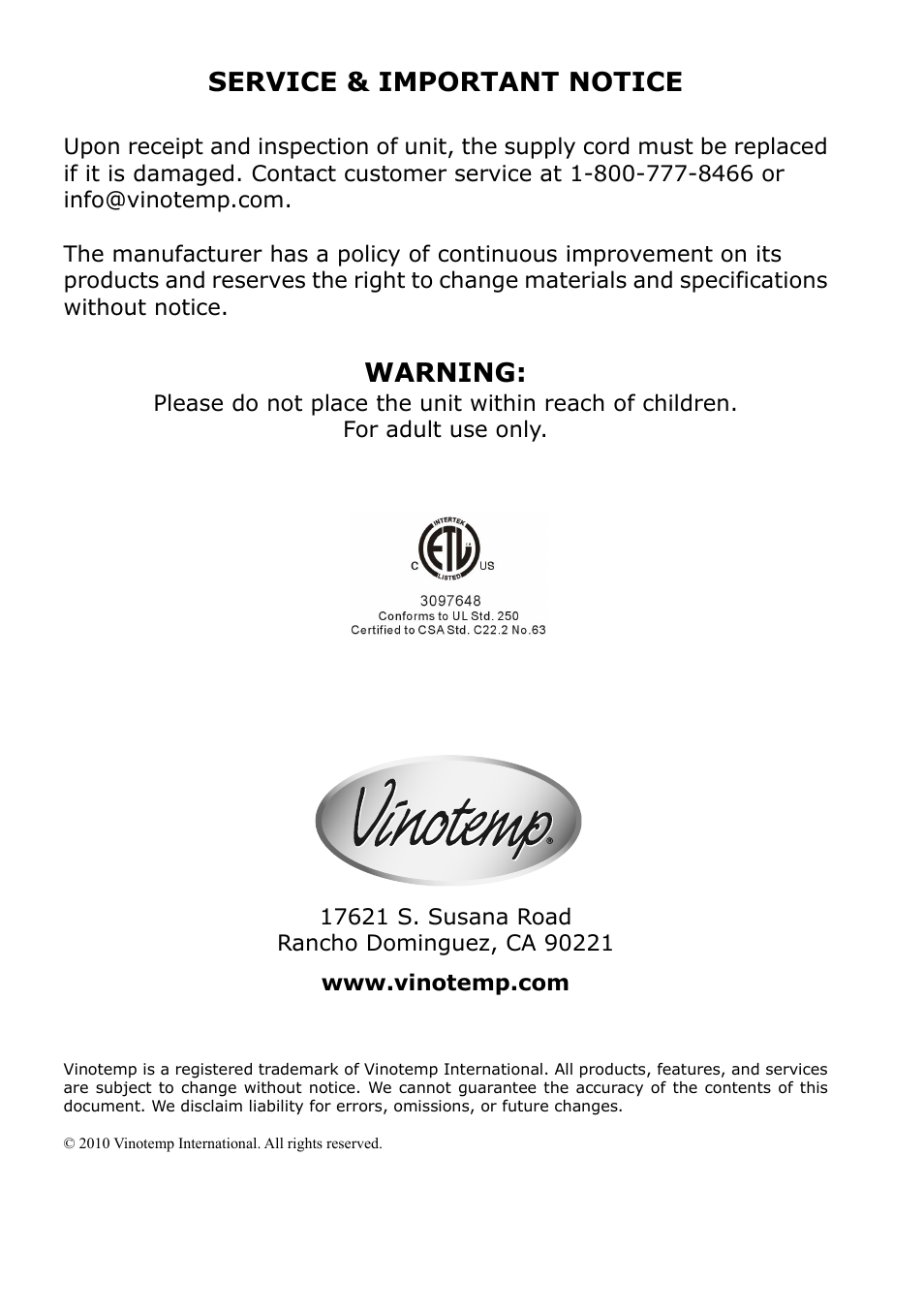 Service & important notice, Warning | Vinotemp VT-15 TS User Manual | Page 12 / 12