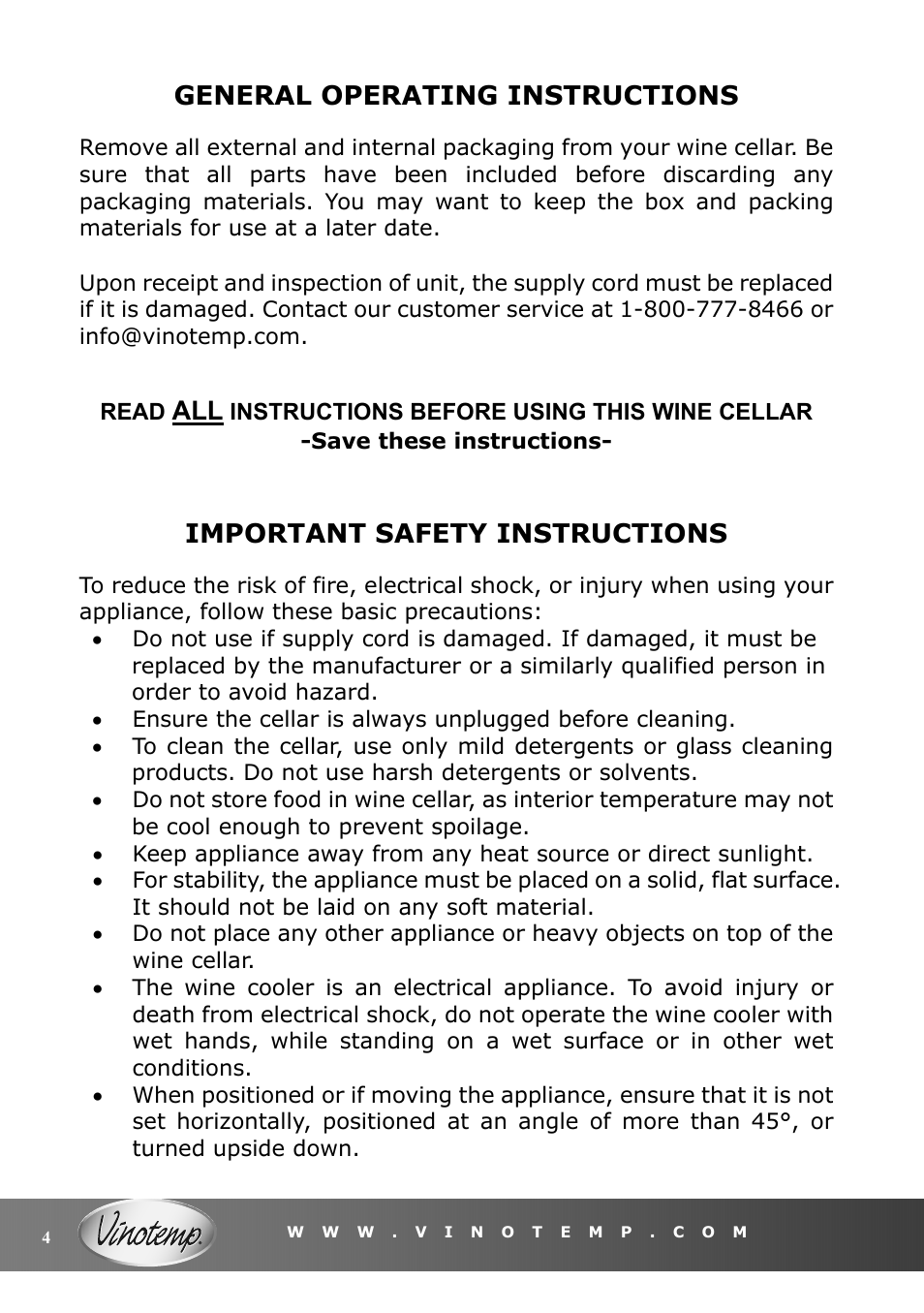 Important safety instructions, General operating instructions | Vinotemp VT-15 TS User Manual | Page 4 / 12