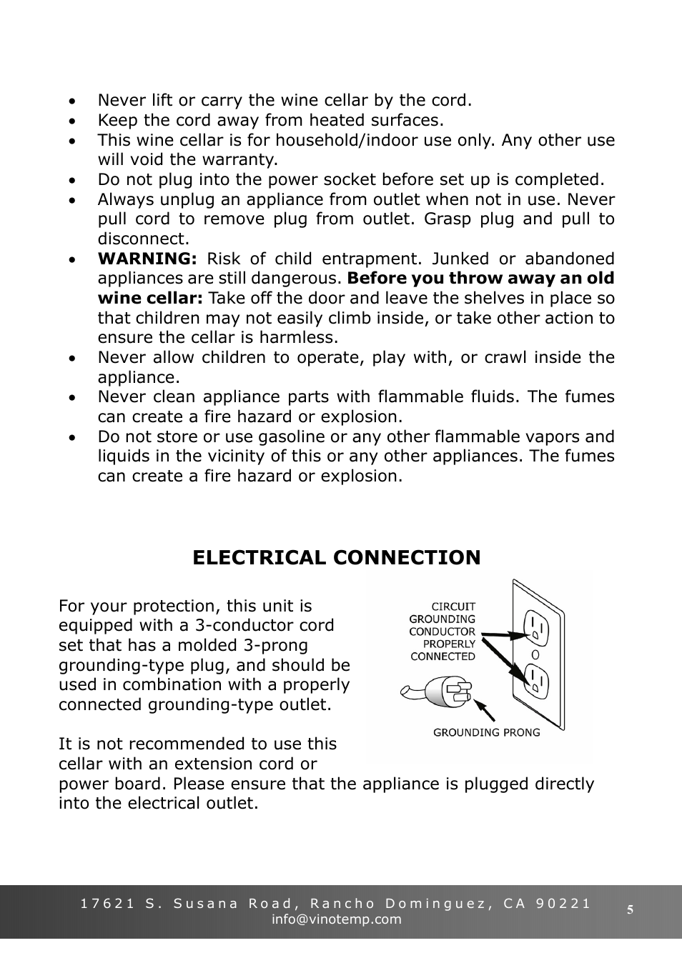Electrical connection | Vinotemp VT-15 TS User Manual | Page 5 / 12