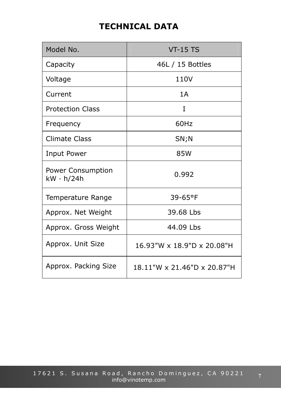 Technical data | Vinotemp VT-15 TS User Manual | Page 7 / 12