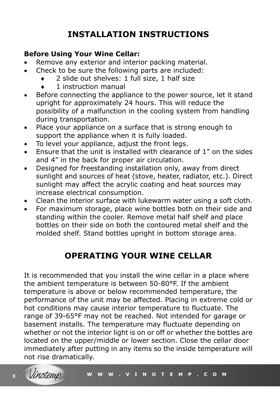 Installation instructions, Operating your wine cellar | Vinotemp VT-15 TS User Manual | Page 8 / 12