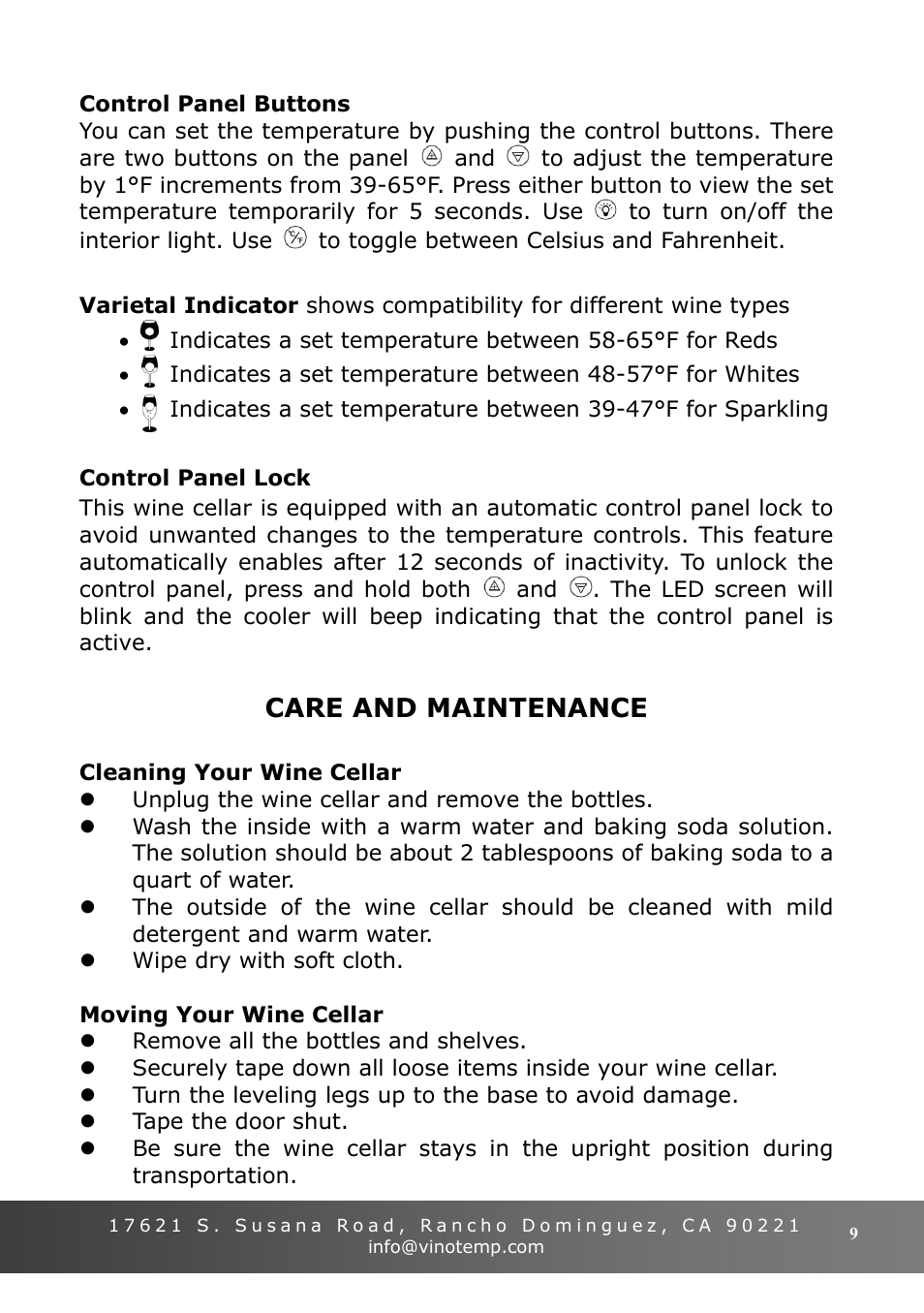 Care and maintenance | Vinotemp VT-15 TS User Manual | Page 9 / 12