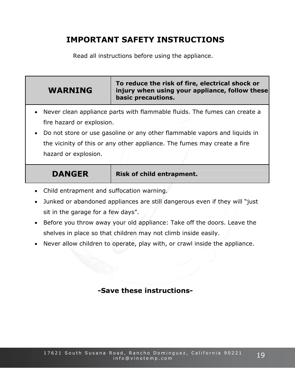 Important safety instructions, Warning, Danger | Vinotemp Portofino User Manual | Page 19 / 28