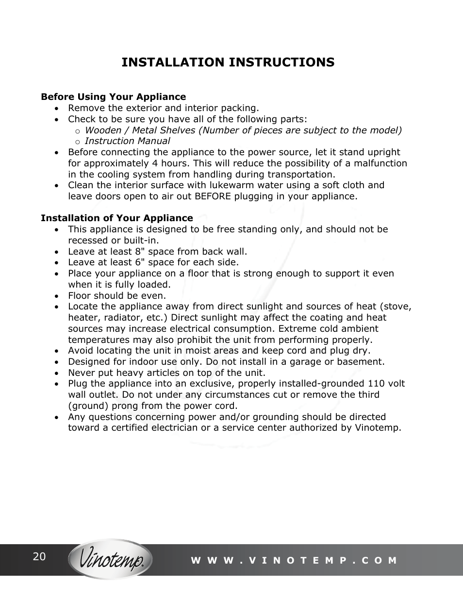 Installation instructions | Vinotemp Portofino User Manual | Page 20 / 28