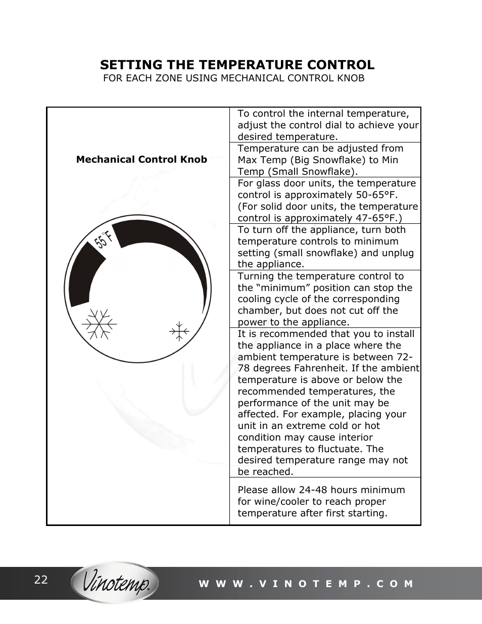 Setting the temperature control | Vinotemp Portofino User Manual | Page 22 / 28
