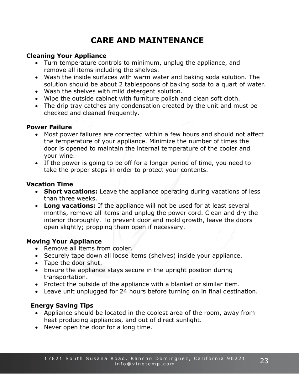 Care and maintenance | Vinotemp Portofino User Manual | Page 23 / 28