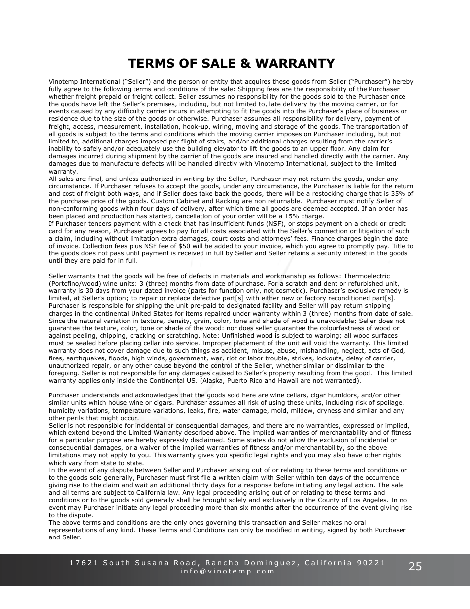 Terms of sale & warranty | Vinotemp Portofino User Manual | Page 25 / 28