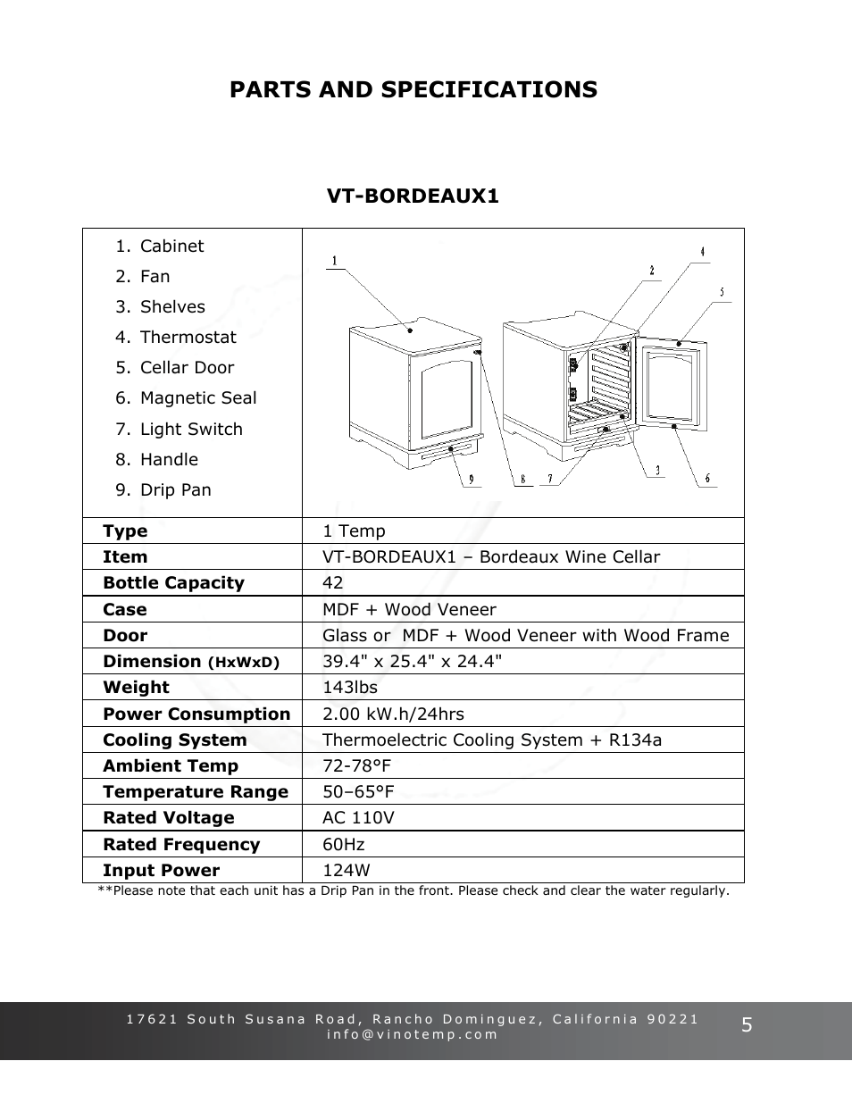 Parts and specifications | Vinotemp Portofino User Manual | Page 5 / 28
