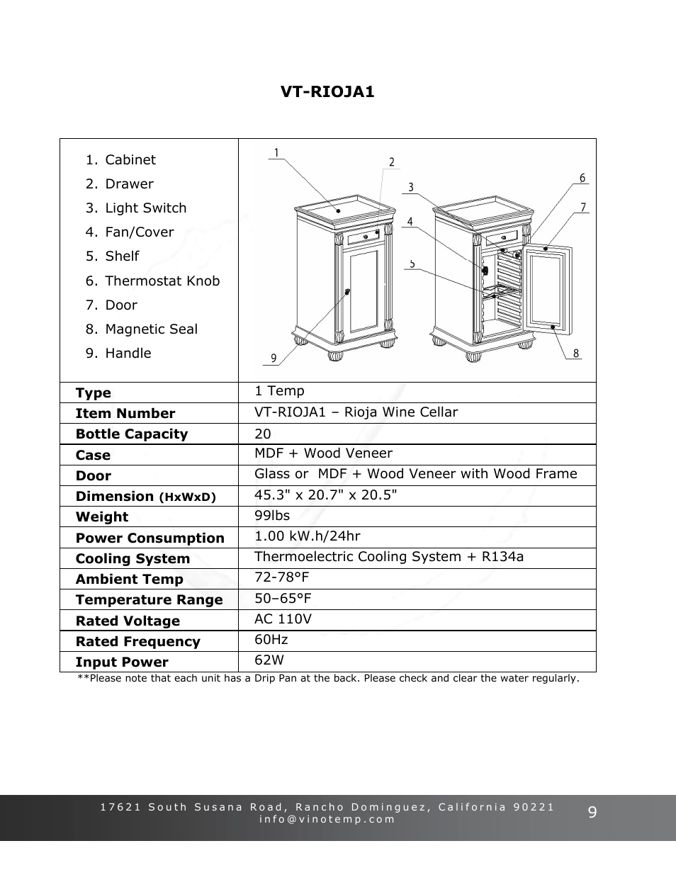 Vinotemp Portofino User Manual | Page 9 / 28