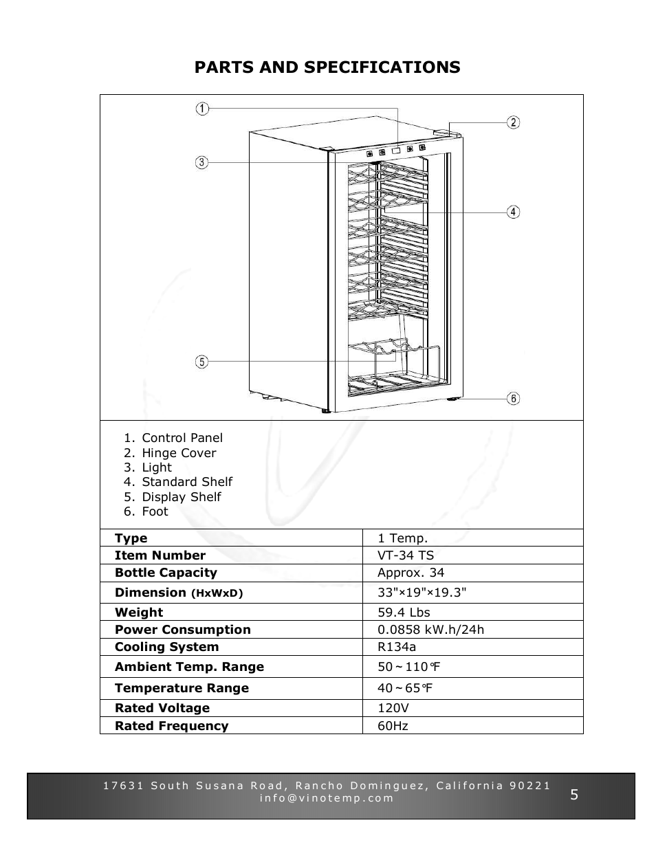 Parts and specifications | Vinotemp VT-34 TS User Manual | Page 5 / 12