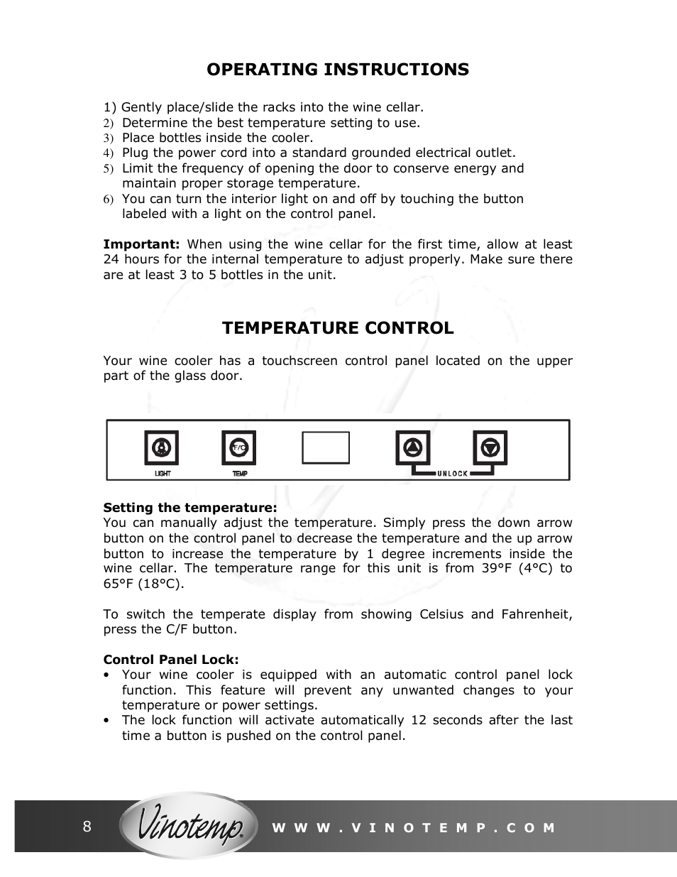 Operating instructions, Temperature control | Vinotemp VT-34 TS User Manual | Page 8 / 12