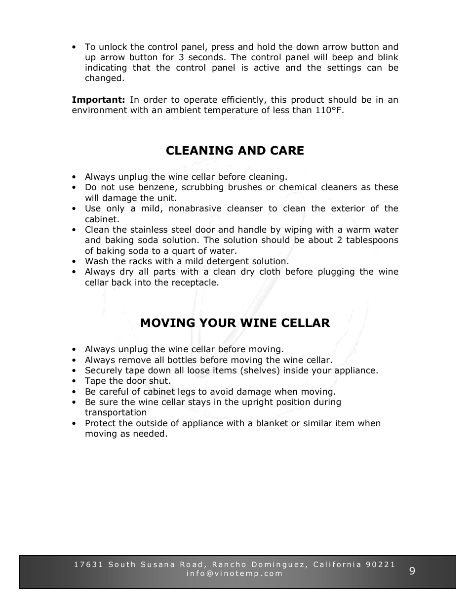 Cleaning and care, Moving your wine cellar | Vinotemp VT-34 TS User Manual | Page 9 / 12