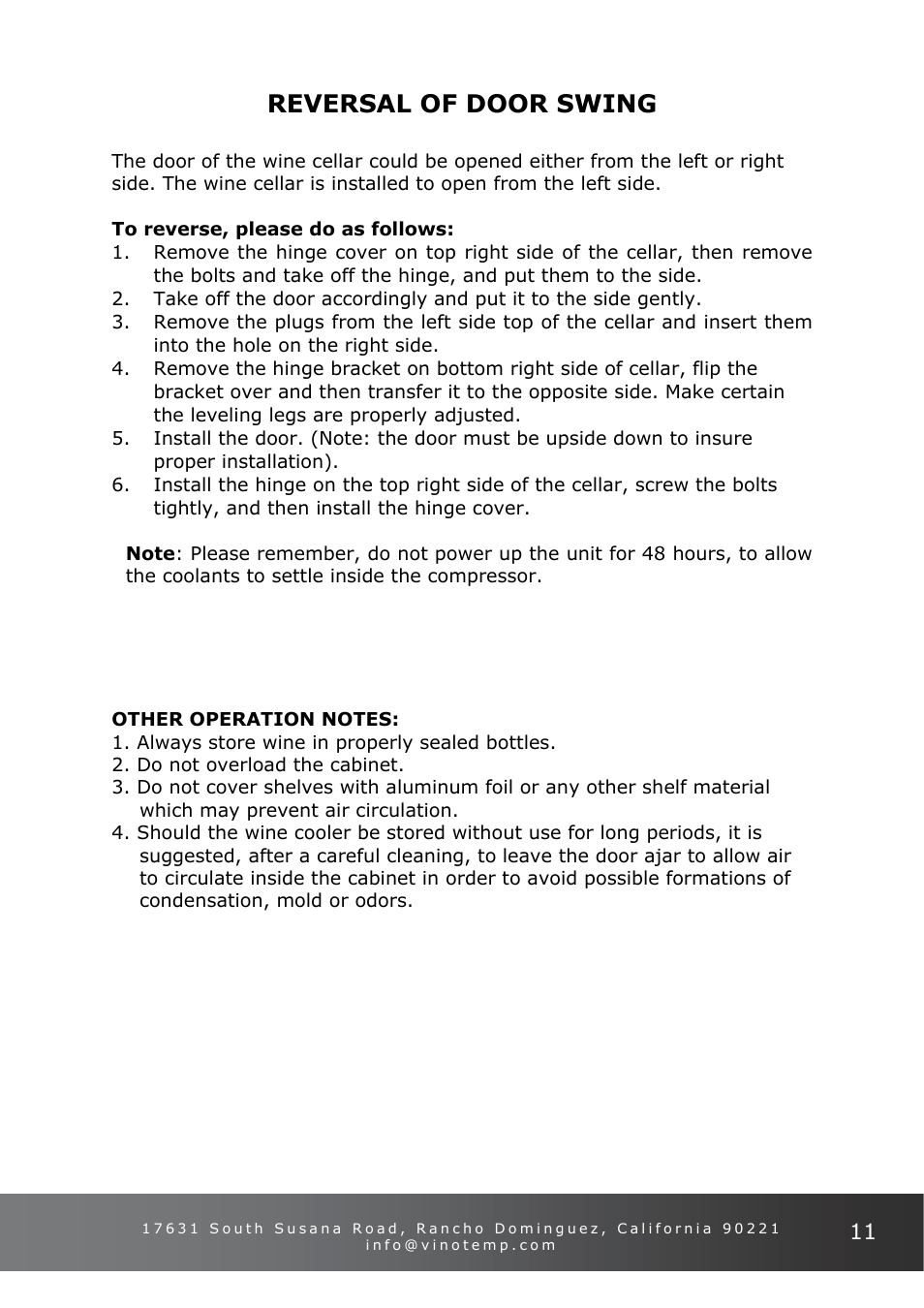 Reversal of door swing | Vinotemp VT-34-2ZONE User Manual | Page 11 / 16