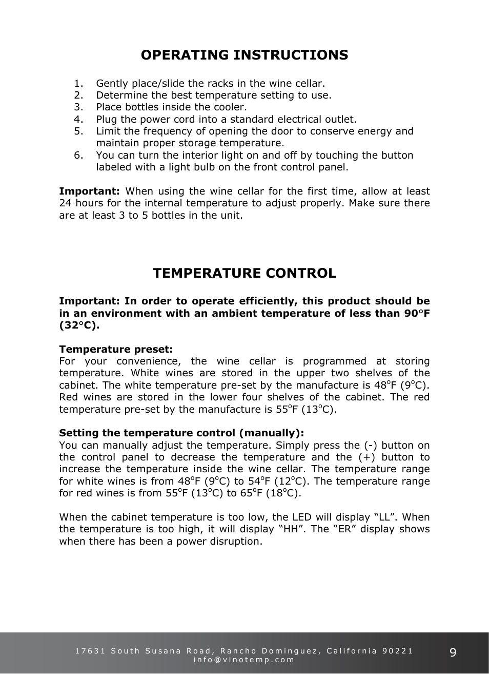 Operating instructions temperature control, Operating instructions, Temperature control | Vinotemp VT-34-2ZONE User Manual | Page 9 / 16