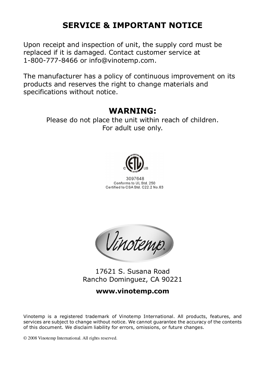 Service & important notice, Warning | Vinotemp VT-6TEDS User Manual | Page 12 / 12