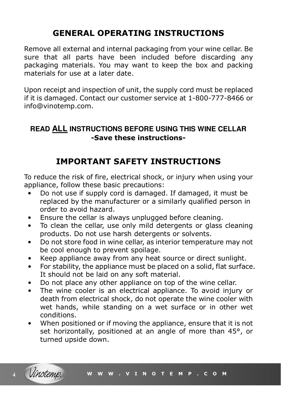 General operating instructions, Important safety instructions, Read | Instructions before using this wine cellar | Vinotemp VT-6TEDS User Manual | Page 4 / 12