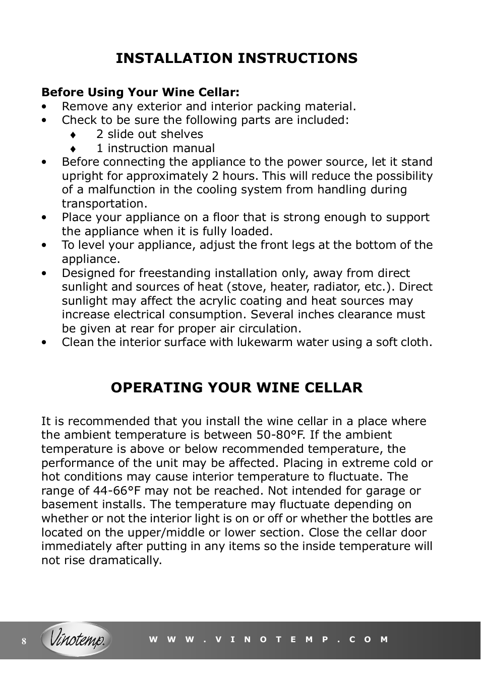 Installation instructions, Operating your wine cellar | Vinotemp VT-6TEDS User Manual | Page 8 / 12