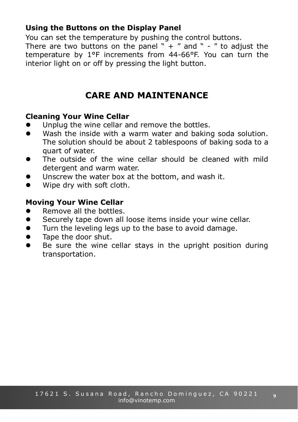 Care and maintenance | Vinotemp VT-6TEDS User Manual | Page 9 / 12