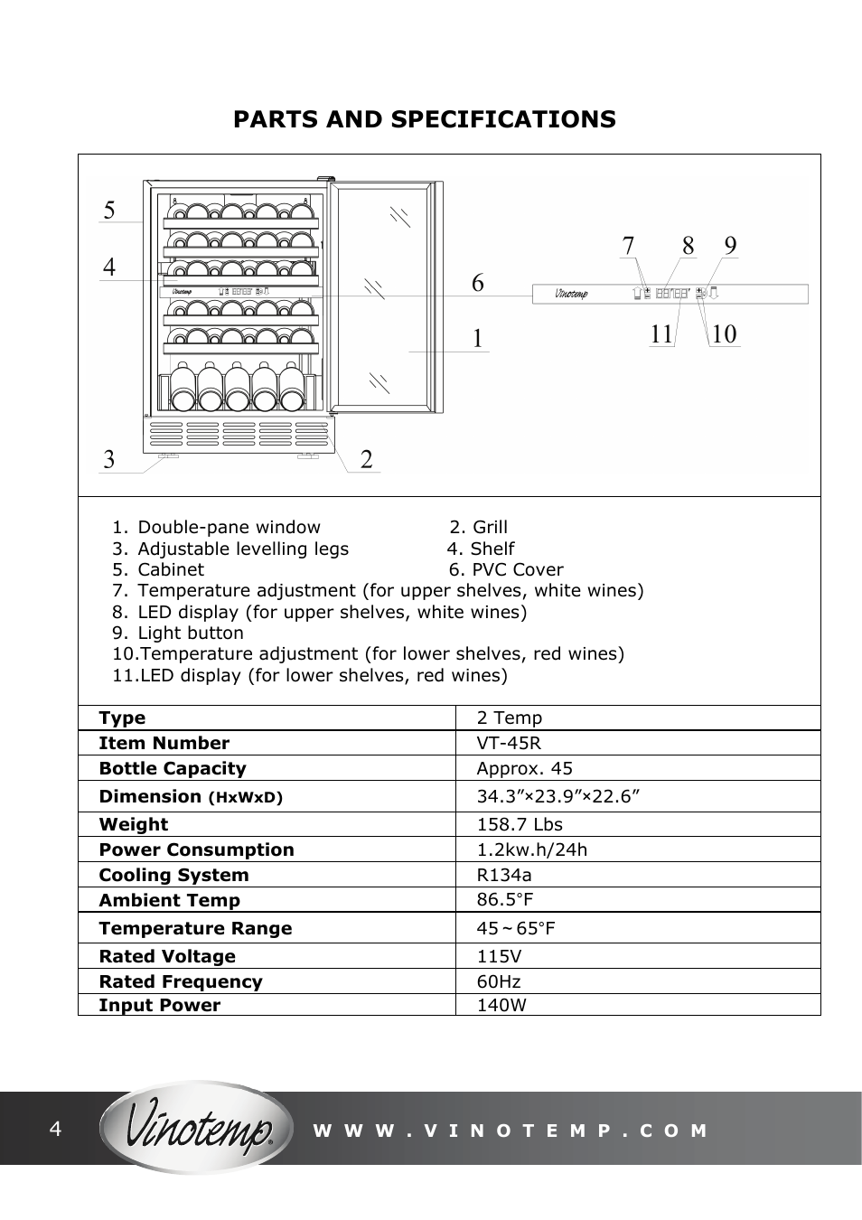 Parts and specifications | Vinotemp VT-45 User Manual | Page 5 / 16