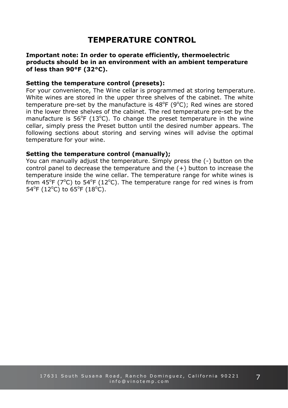 Temperature control | Vinotemp VT-45 User Manual | Page 8 / 16